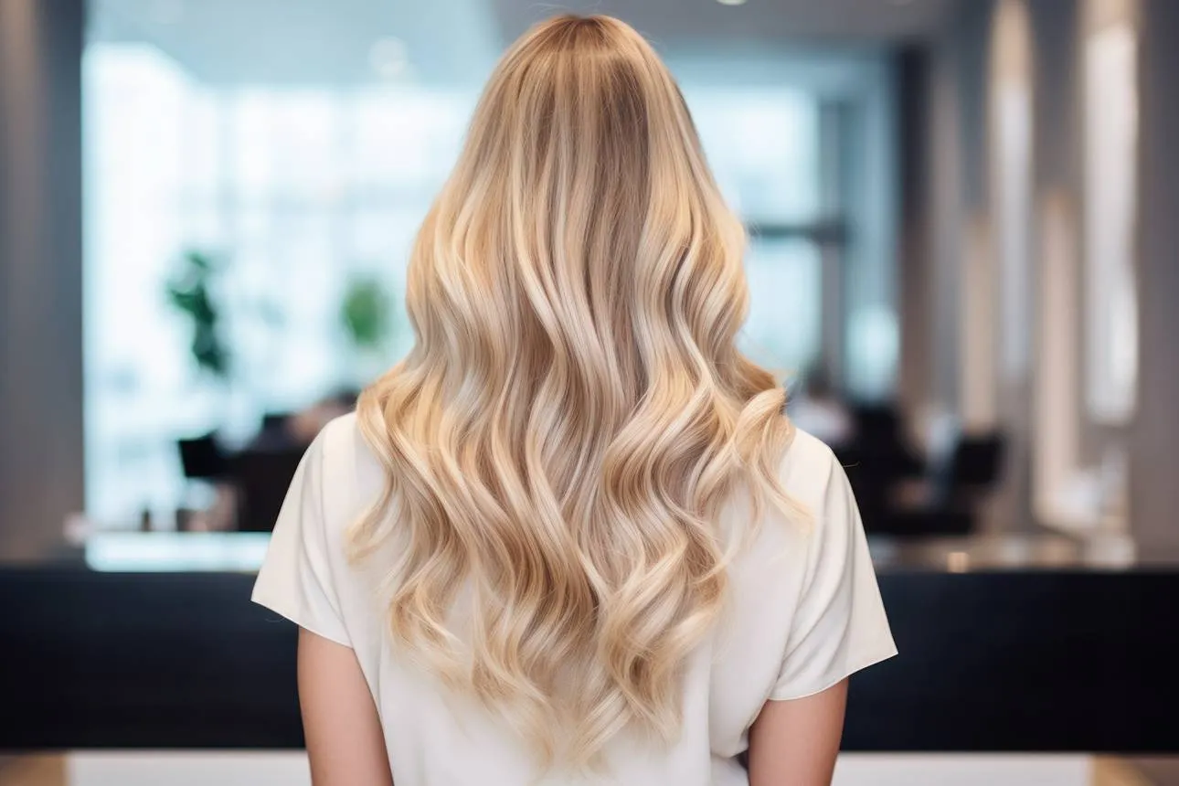 Rückenansicht: blonde, wellige Balayage-Haare, Friseur-Salon im Hintergrund