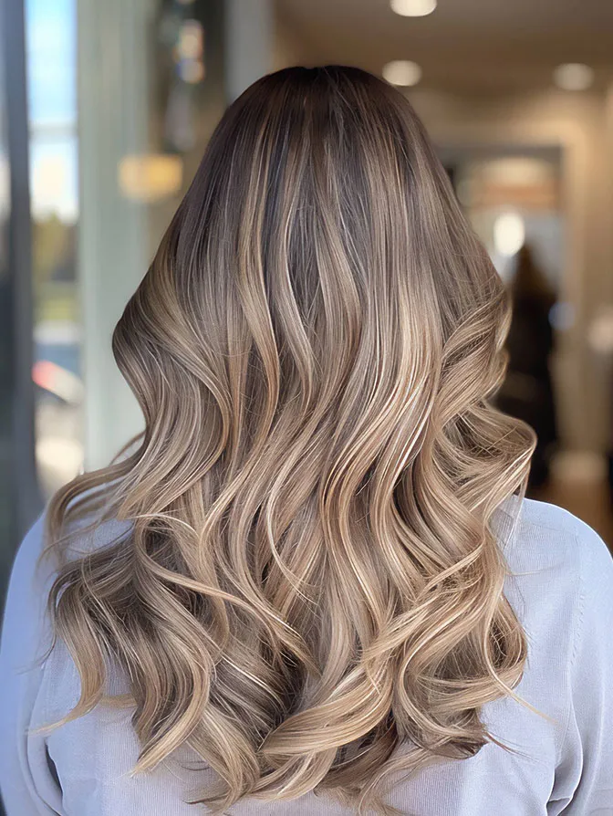 Welliges Balayage-Haar in Blond mit Strähnen, Rückansicht im Friseursalon