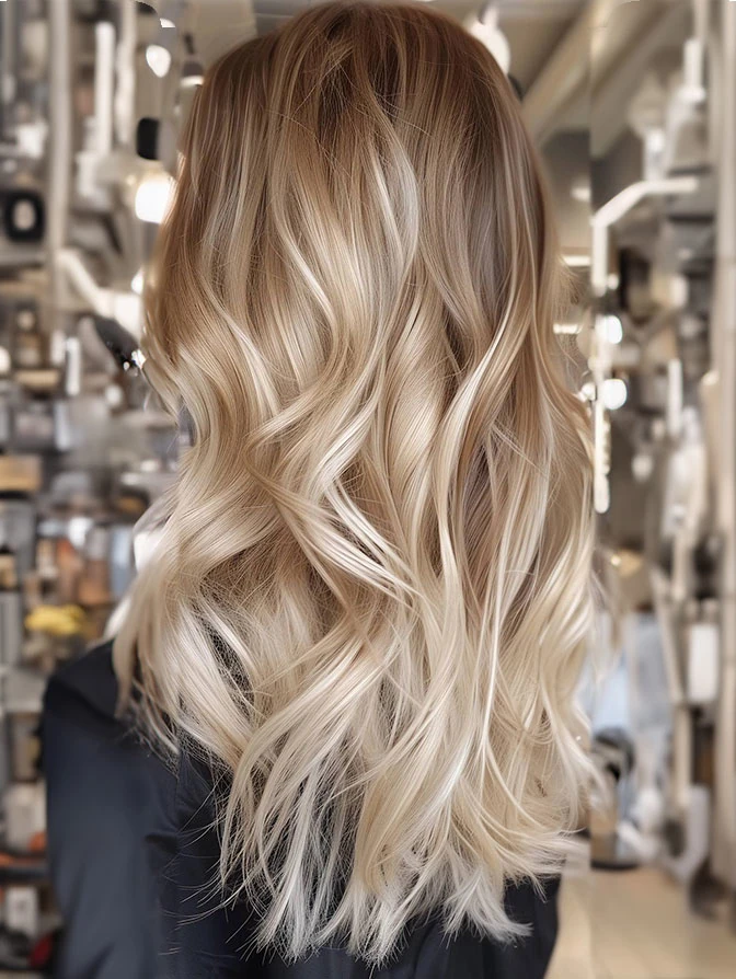 Blonde Balayage mit langen, welligen Haaren im Friseursalon von hinten